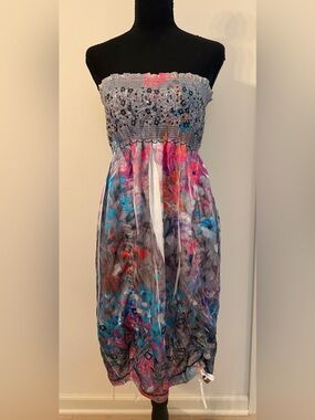 Lapis Smocked Embellished Strapless Lined Multicolor Midi Dress Bubble Hem OS